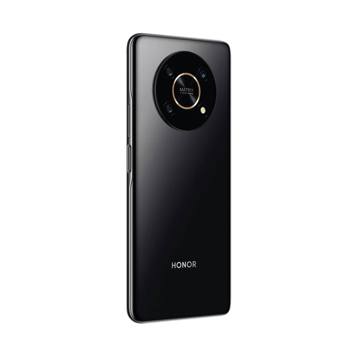 Il retro di uno smartphone Honor nero con configurazione fotocamera a matrice.