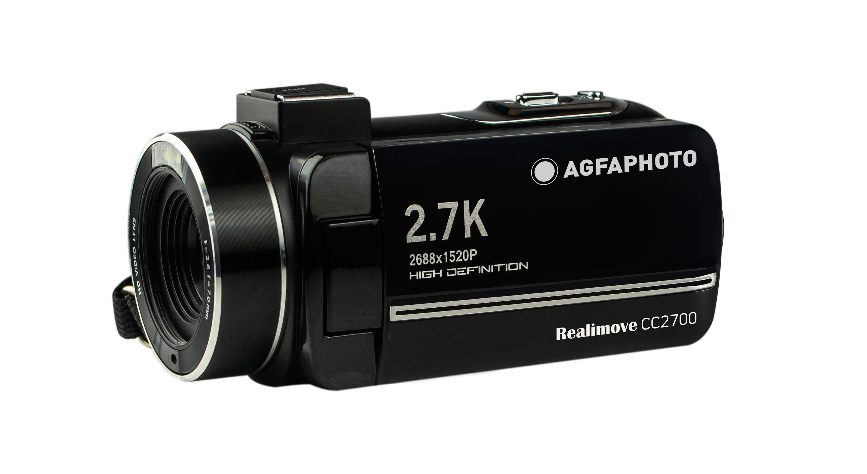 Czarna kamera z obiektywem i napisem 'AGFAPHOTO' i '2.7K'.