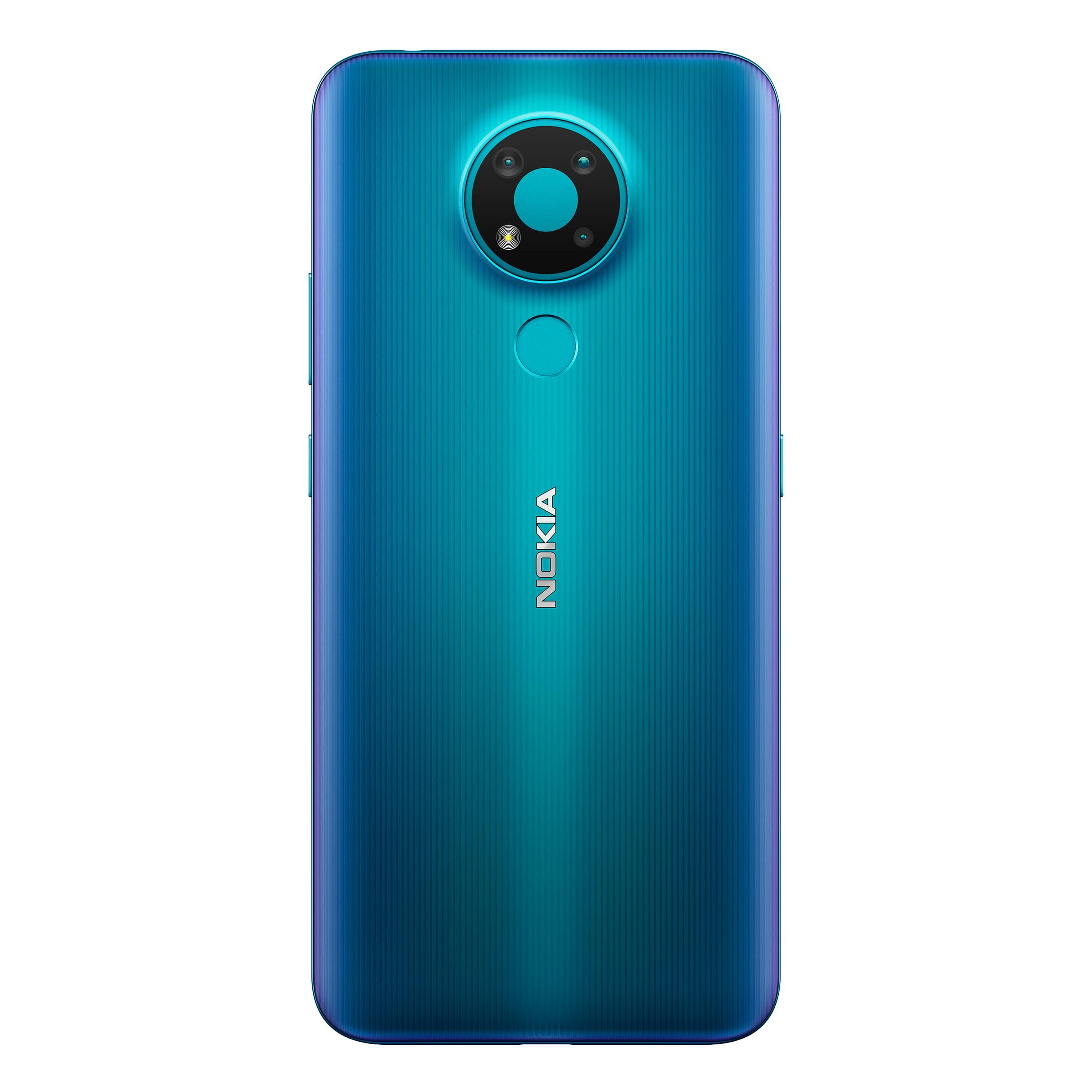 Rückansicht eines blau-türkisfarbenen Nokia-Smartphones mit Dreifachkamera und Nokia-Logo.