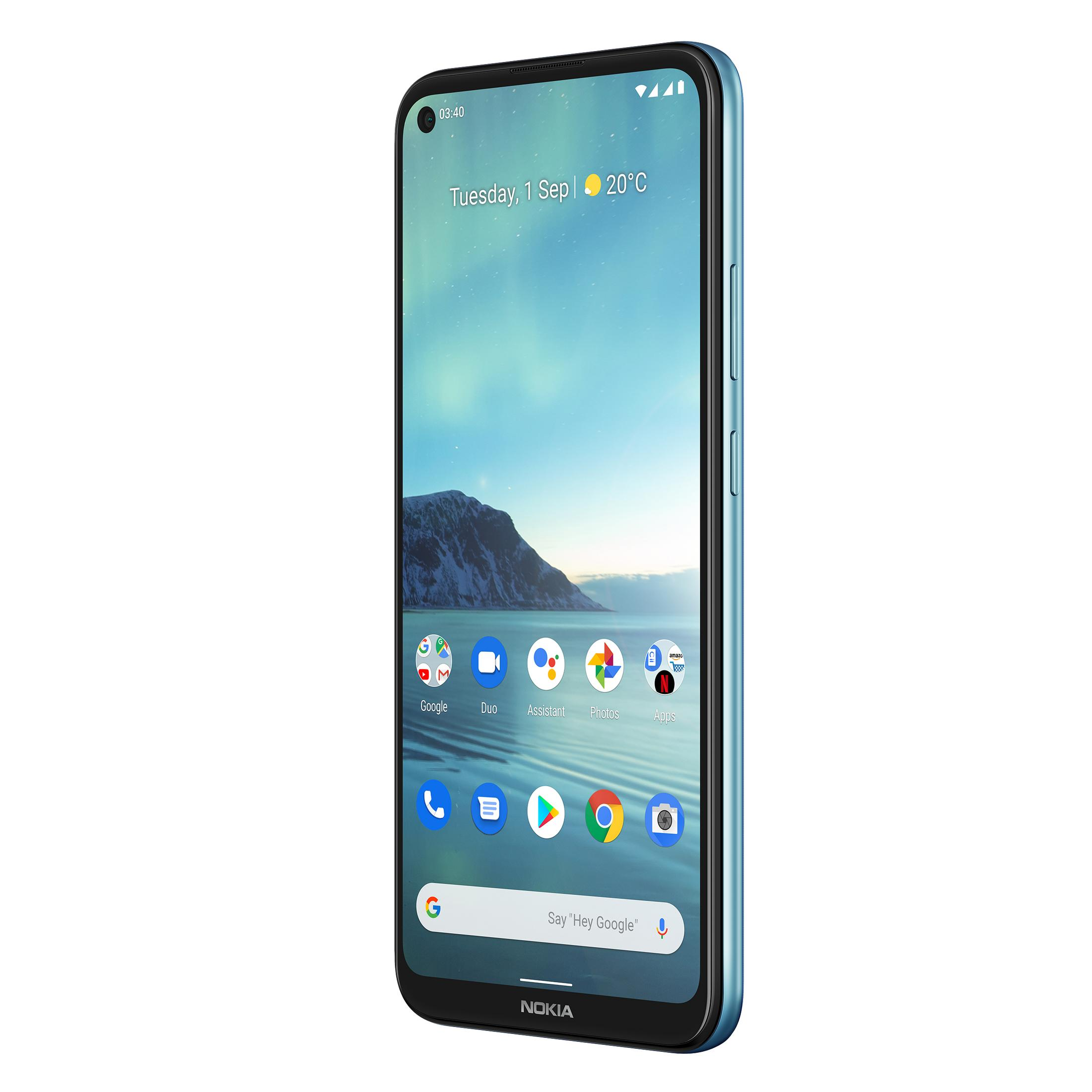 Ein blaues Smartphone mit schwarzem Bildschirm, der Uhrzeit und App-Icons anzeigt, isoliert auf weißem Hintergrund.