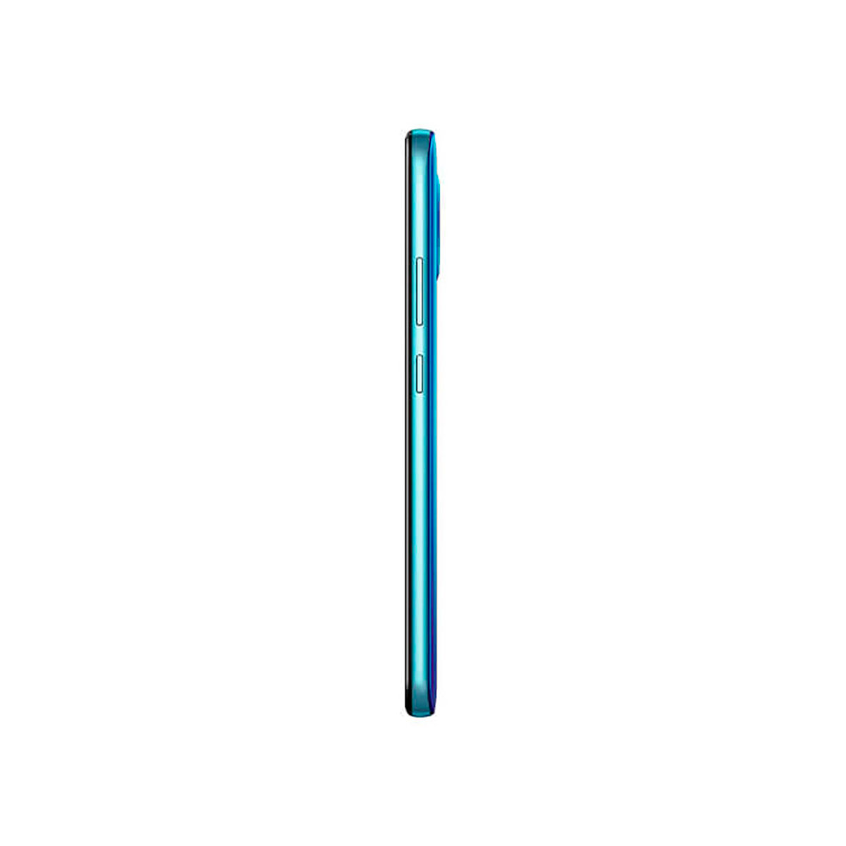 Dünnes, blaues Telefonprofil. Seitenansicht mit Knöpfen, auf weißem Hintergrund.