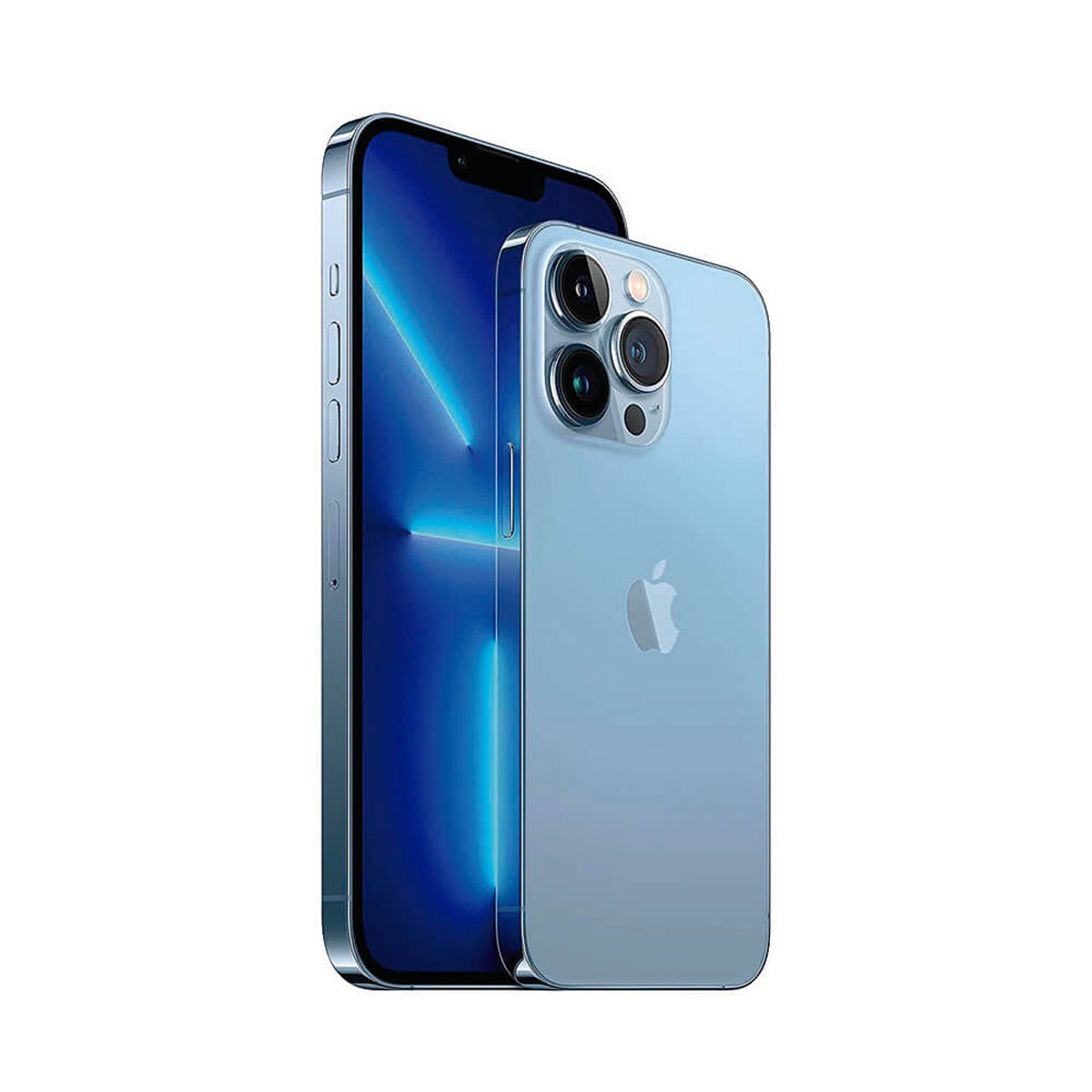 Dwa niebieskie telefony Apple iPhone 13 Pro, jeden przed drugim. Widoczny tył telefonu.