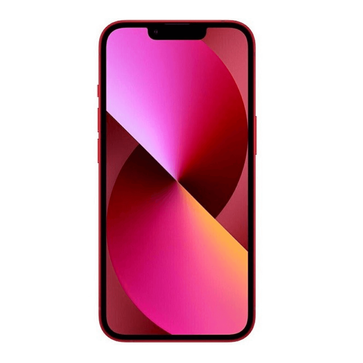Czerwony iPhone 13 z przekątnym różowo-pomarańczowym gradientem na ekranie. Białe tło.