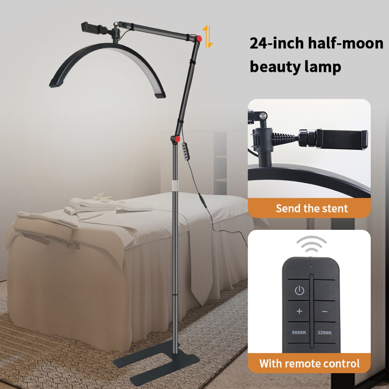 Eine 24-Zoll-Halbmond-Beauty-Lampe mit Fernbedienung und Ständer.