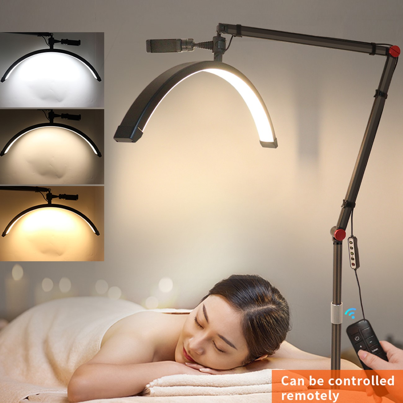 Frau liegt unter einer schwarz-weißen Lampe. Drei Lichteinstellungen werden gezeigt.