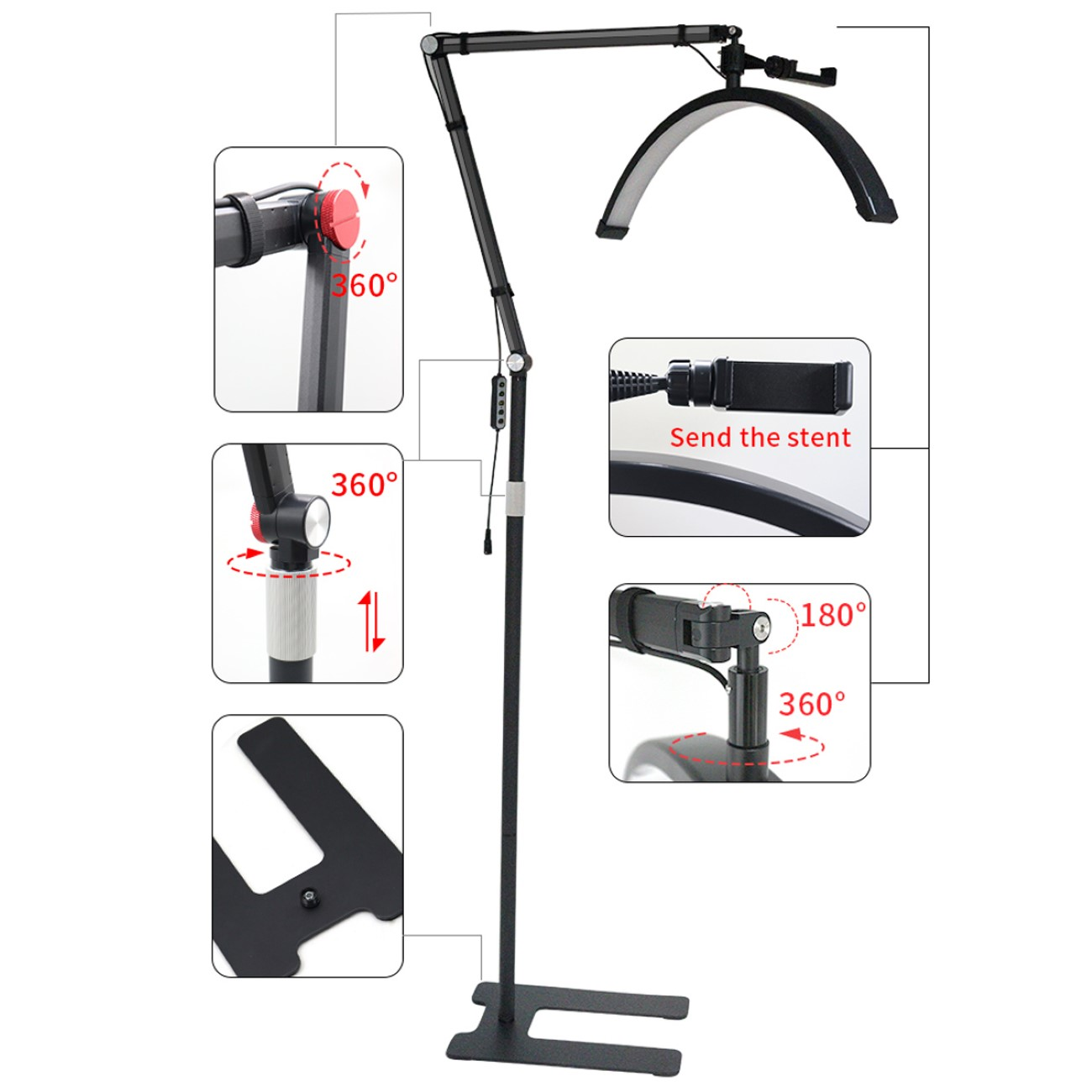 Schwarze und silberne Stehlampe mit gebogenem Licht. Mehrere Nahaufnahmen der Lampenteile.