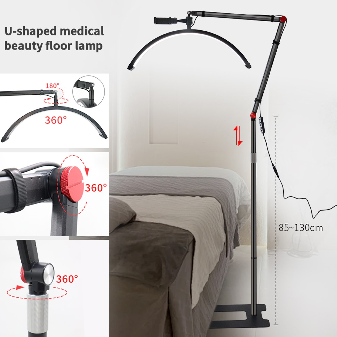 U-förmige medizinische Schönheits-Stehlampe. Sie hat ein gebogenes Licht und höhenverstellbar.