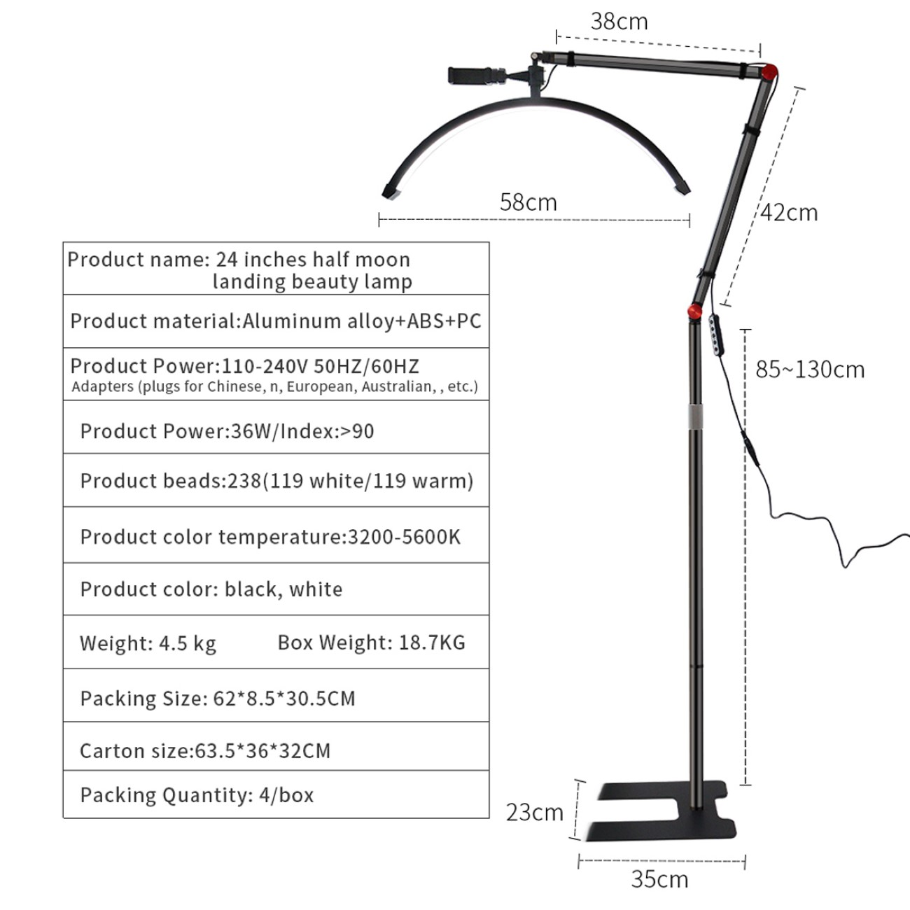 Eine schwarze und silberne Schönheitslampe mit Abmessungen und Spezifikationen auf einer weißen Karte.