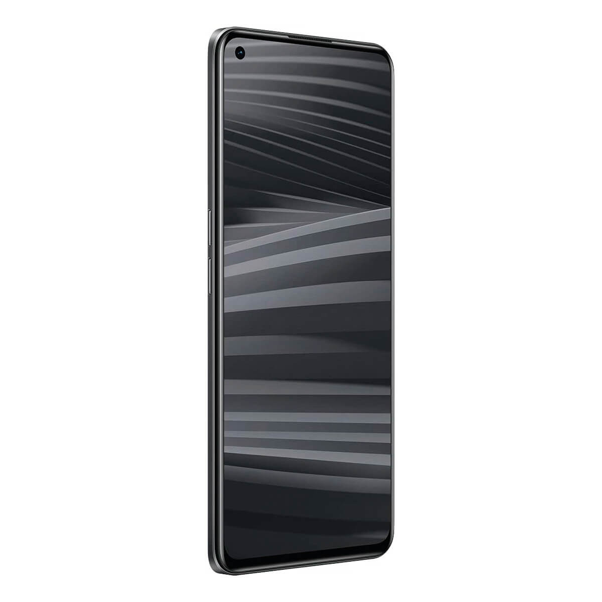 Een zwarte smartphone met een patroon van lijnen op het scherm, in een studio-opname.