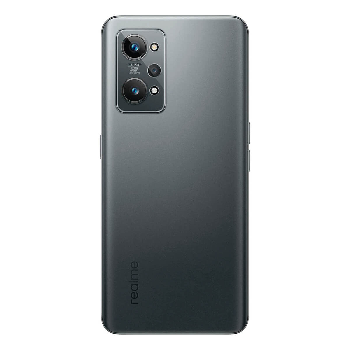 Donkergrijze telefoonachterkant met cameradetails en het Realme-logo.