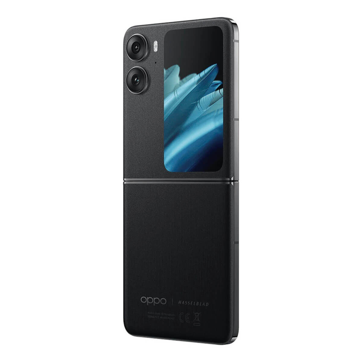 Teléfono plegable negro abierto. La pantalla muestra una escena de agua azul. El teléfono tiene dos cámaras y un nombre de marca.