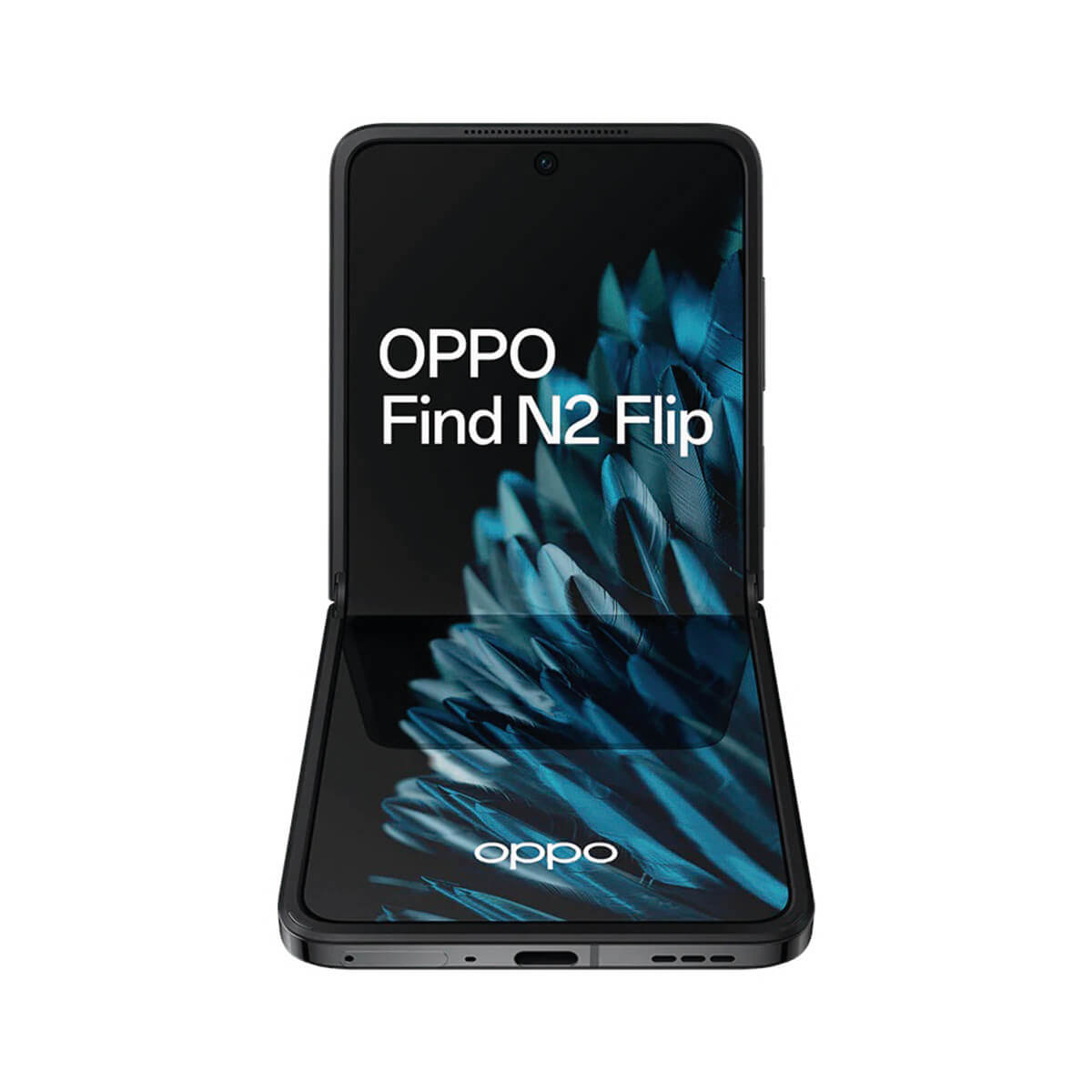 Un smartphone Oppo Find N2 Flip abierto se muestra sobre un fondo blanco.