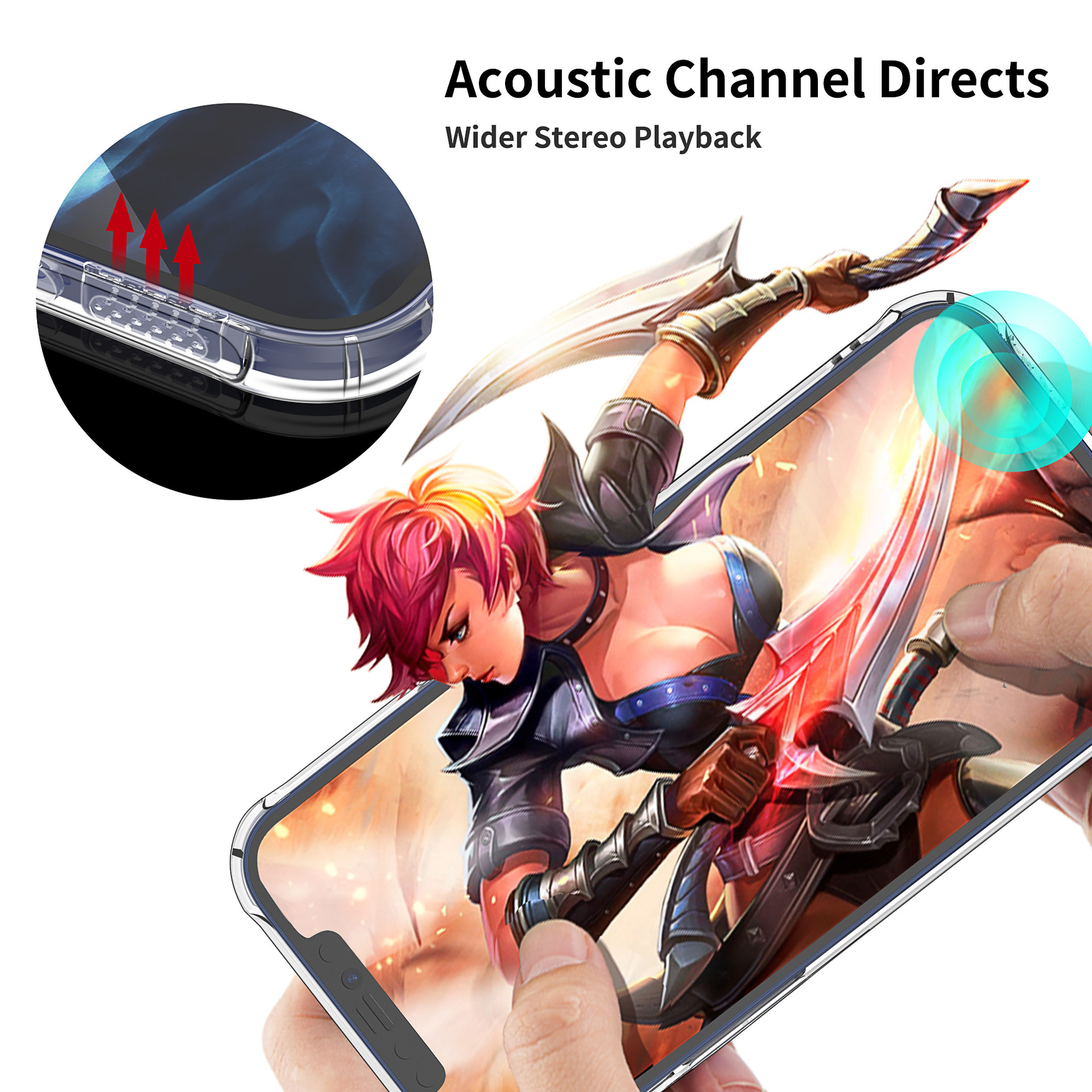 Telefonbildschirm mit Spielcharakter. Text: 'Acoustic Channel Directs Wider Stereo Playback'.