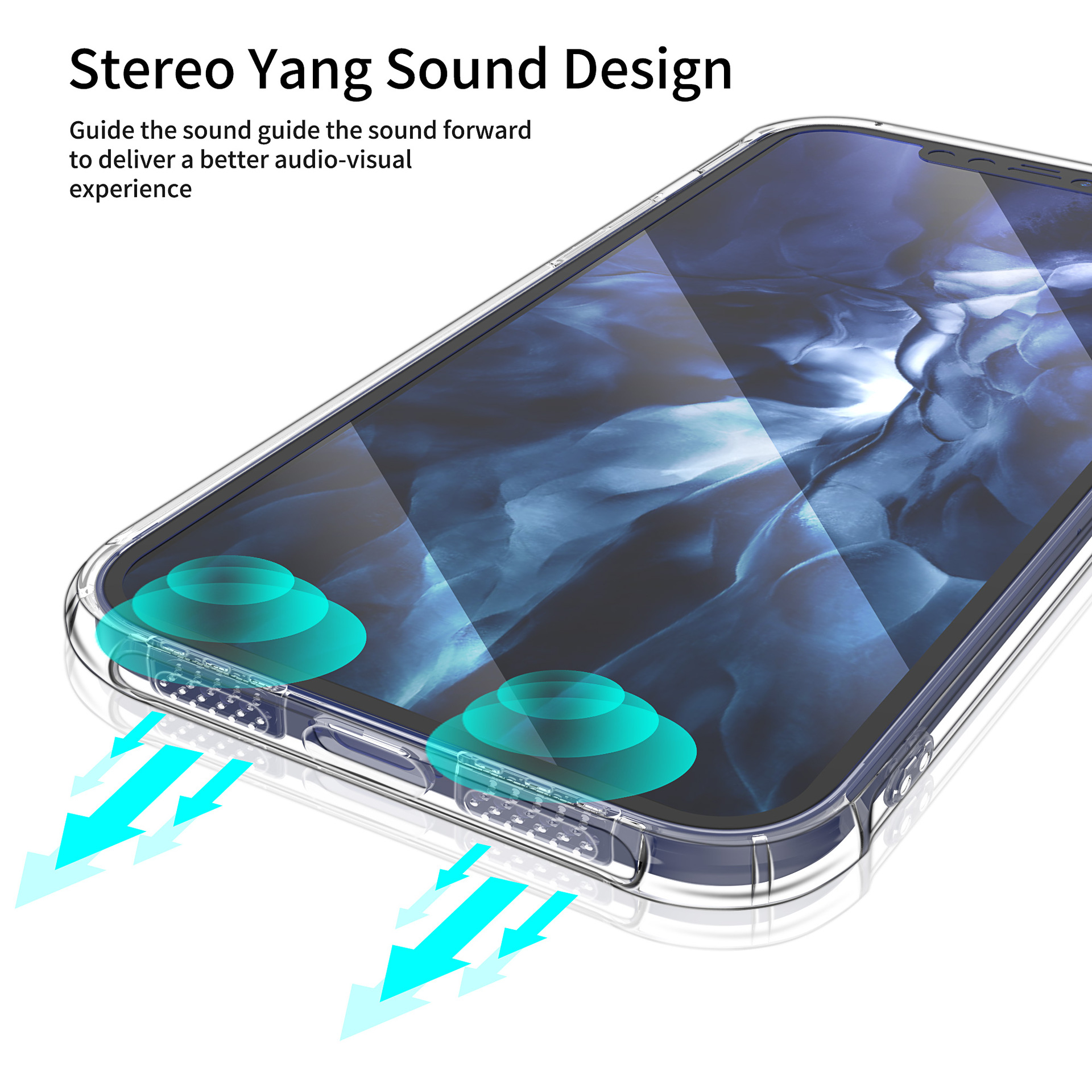 Telefon mit transparenter Hülle, Pfeile zeigen die Schallrichtung.