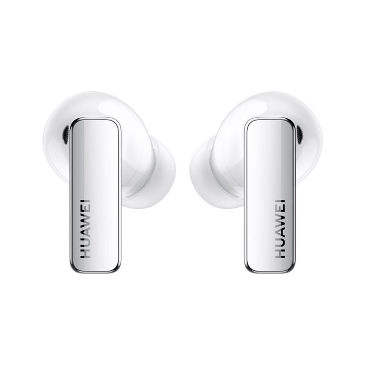 Paio di auricolari Huawei bianchi con dettagli metallici, rivolti in avanti.