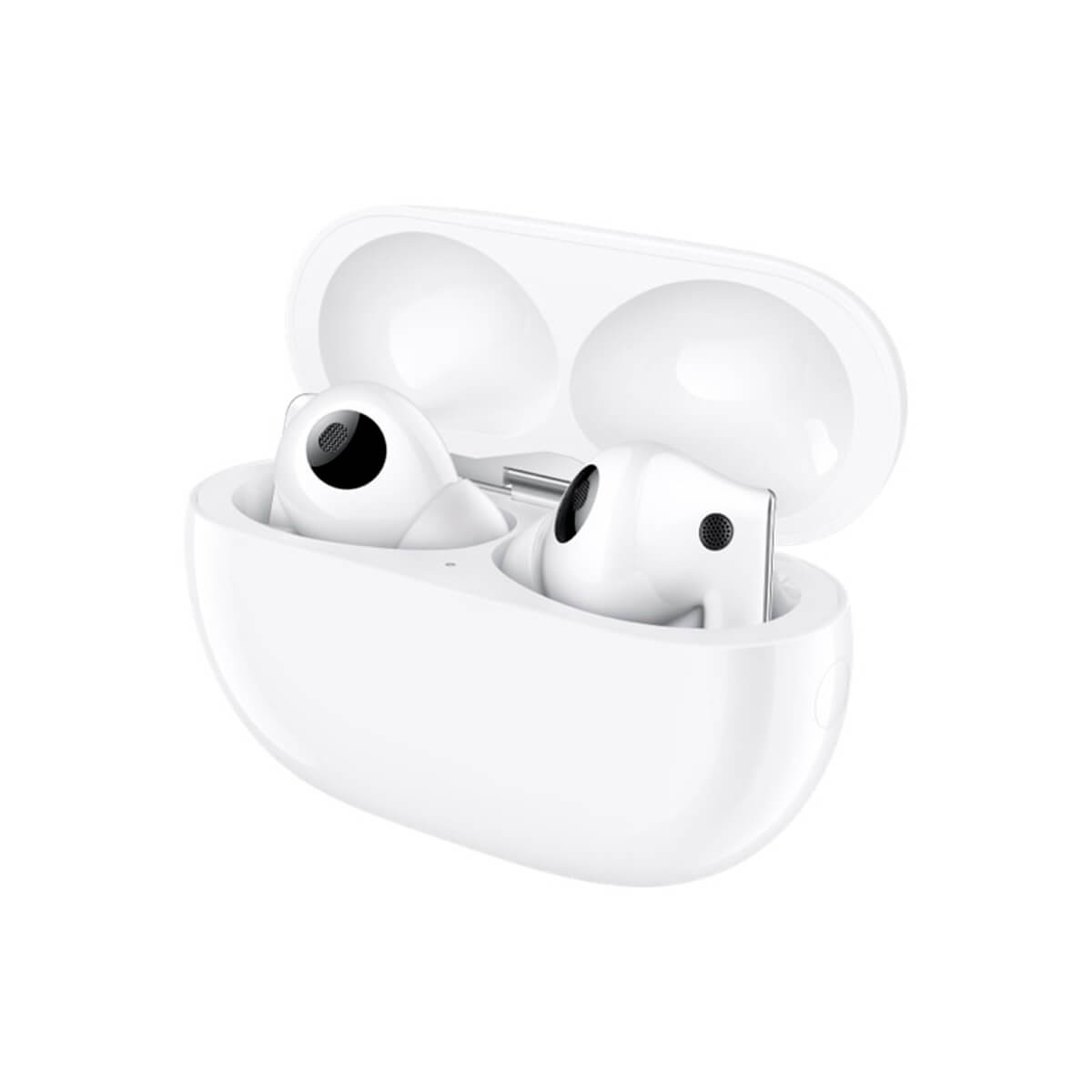 Auricolari wireless bianchi nella loro custodia di ricarica, aperti e pronti all'uso.