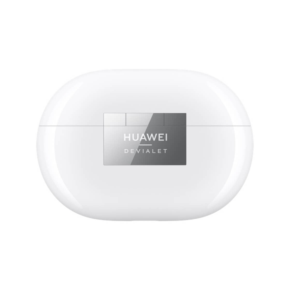 Custodia bianca per auricolari Huawei Devialet con logo sul fronte.