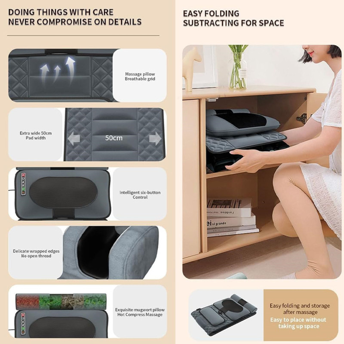 Poduszka do masażu z funkcjami, złożona do przechowywania i kobieta.