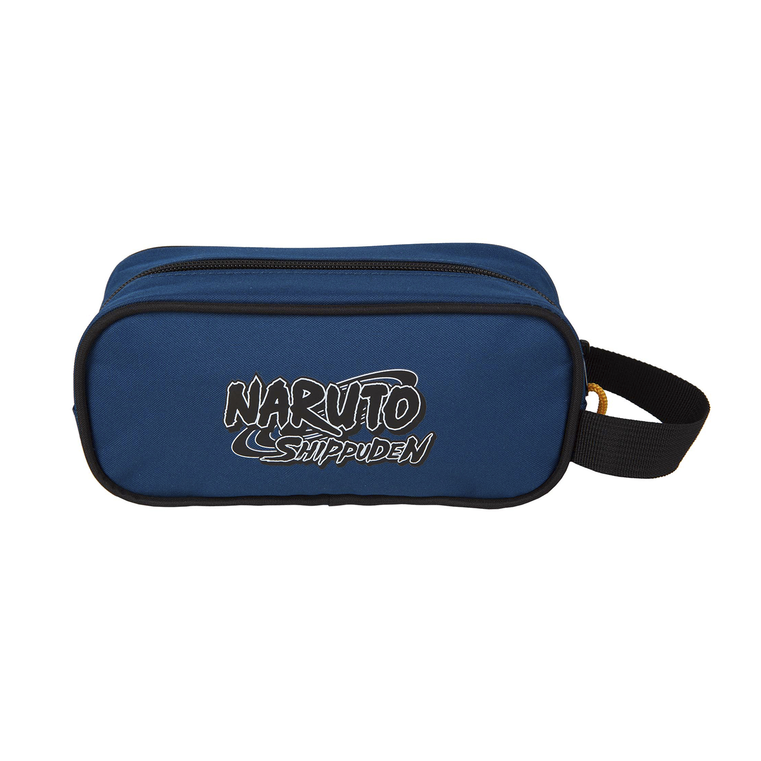 Estuche azul de Naruto Shippuden con cremallera y asa negras. Fondo blanco.