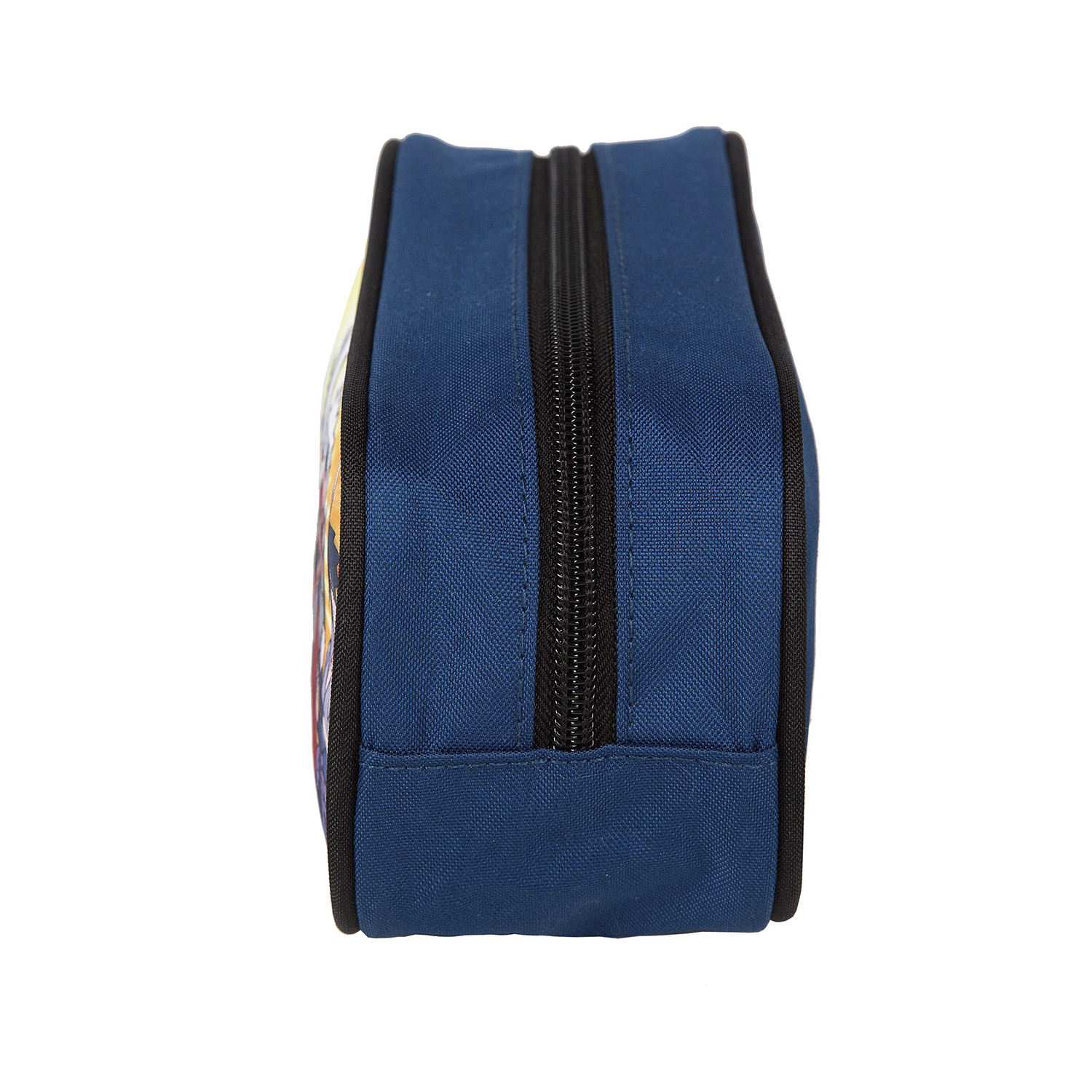 Un estuche azul rectangular con cremallera negra.
