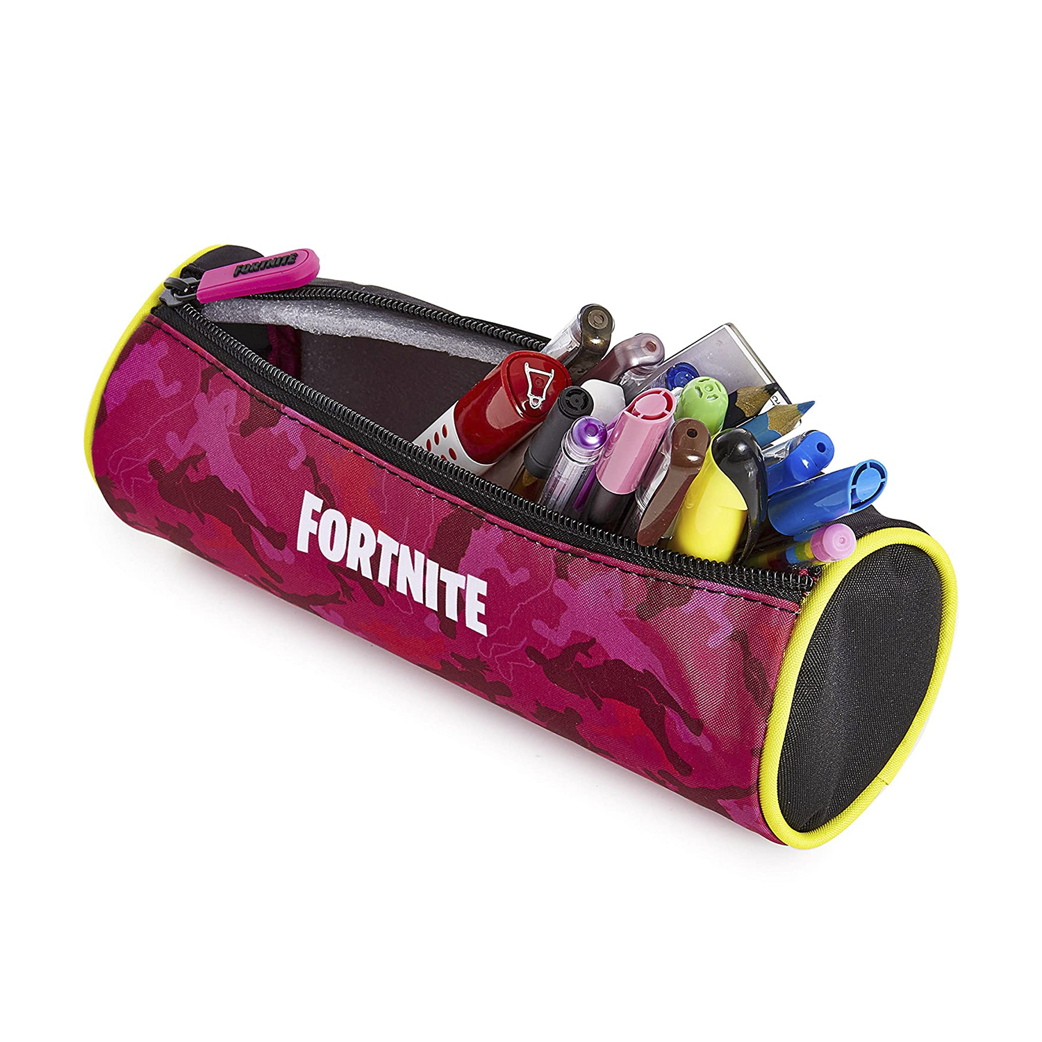 Un estuche de lápices de Fortnite, lleno de bolígrafos y lápices. Tiene un patrón de camuflaje rojo.