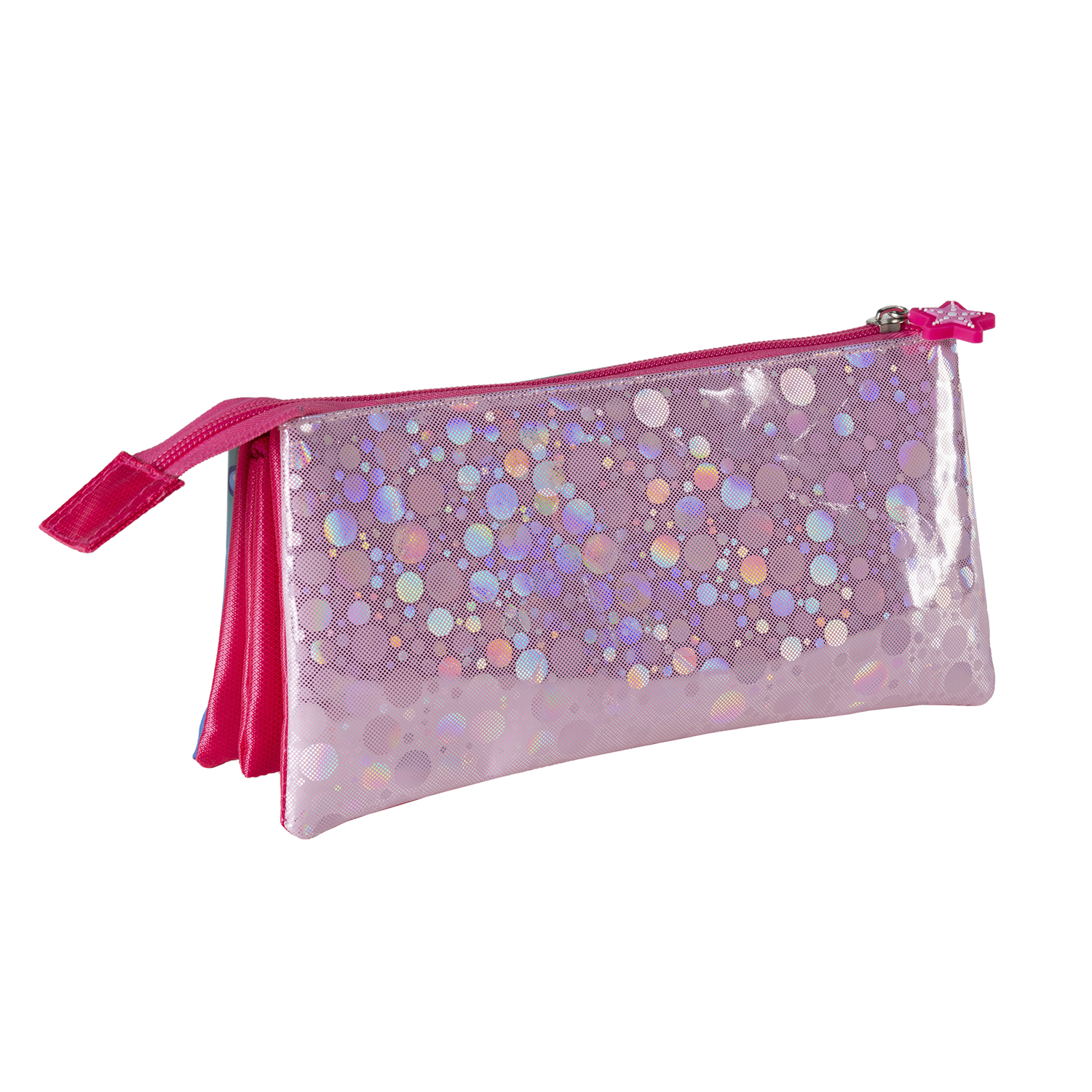 Estuche rosa con un patrón holográfico y cremallera rosa, cerrado.