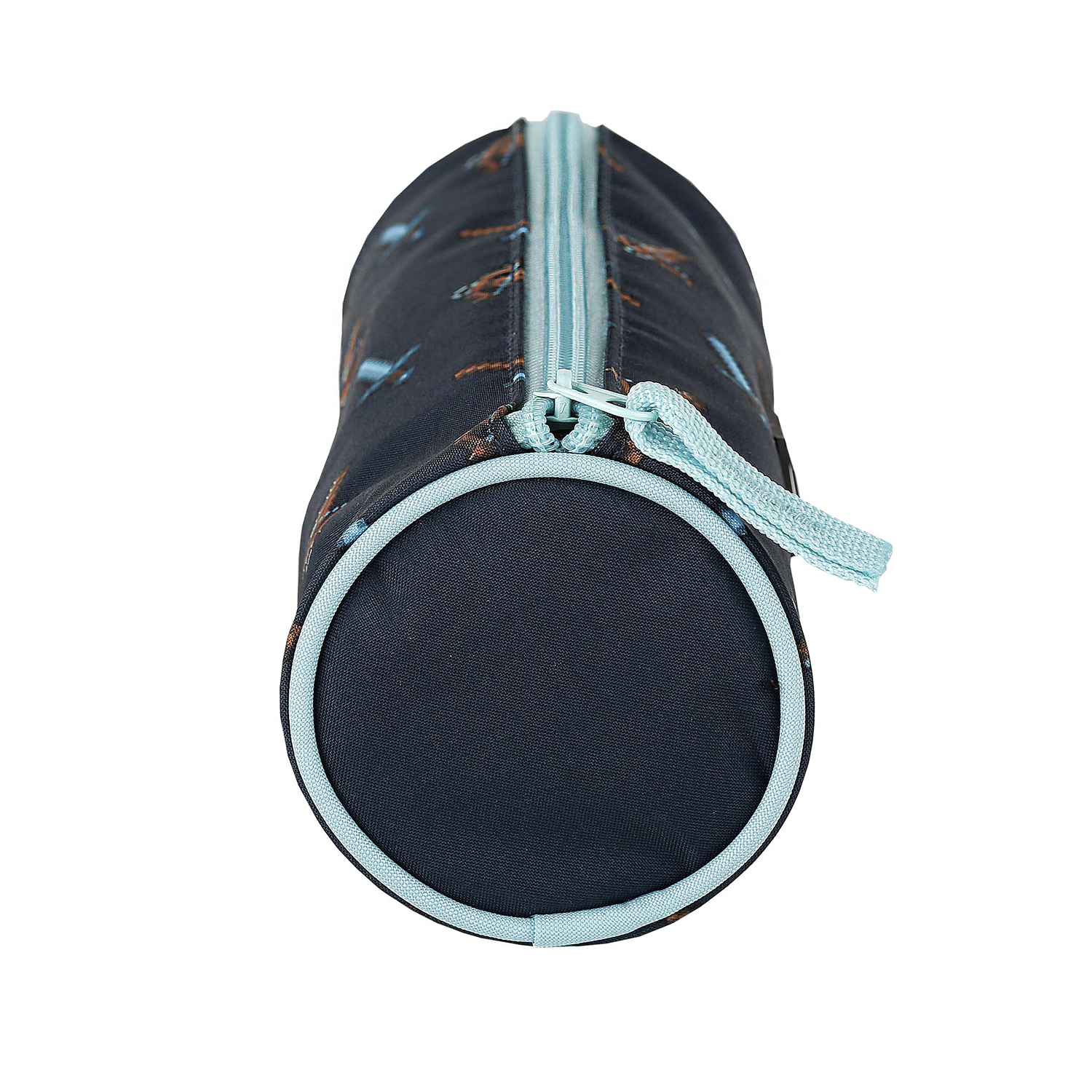 Un astuccio cilindrico con base blu scuro e cerniera e finiture azzurre.