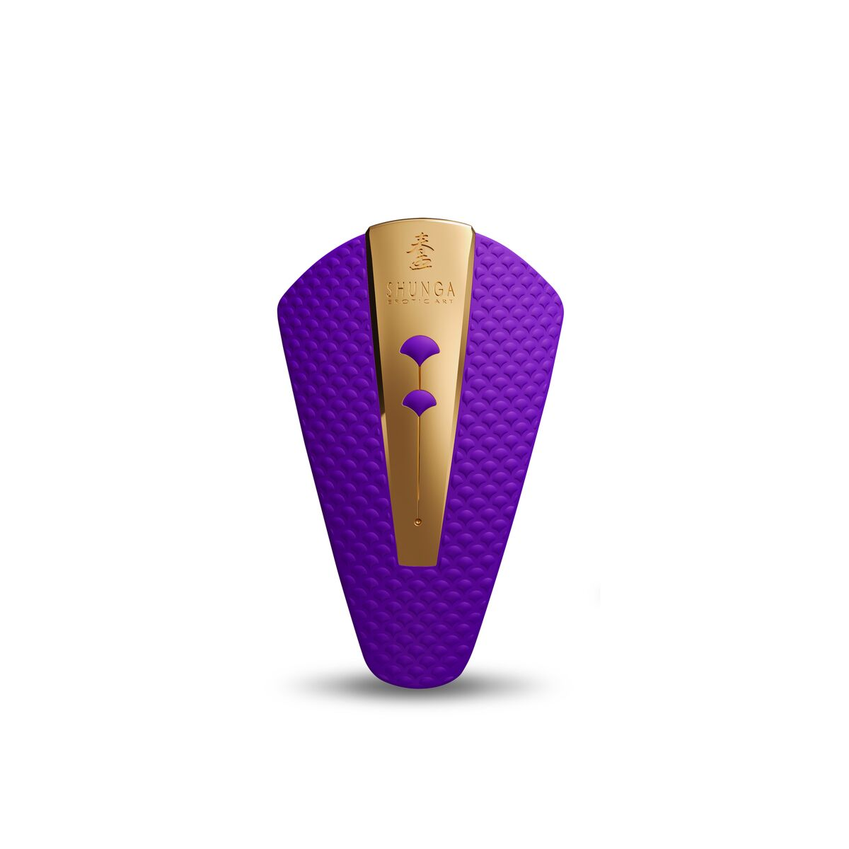 Juguete sexual morado con un acento dorado, sobre un fondo blanco.
