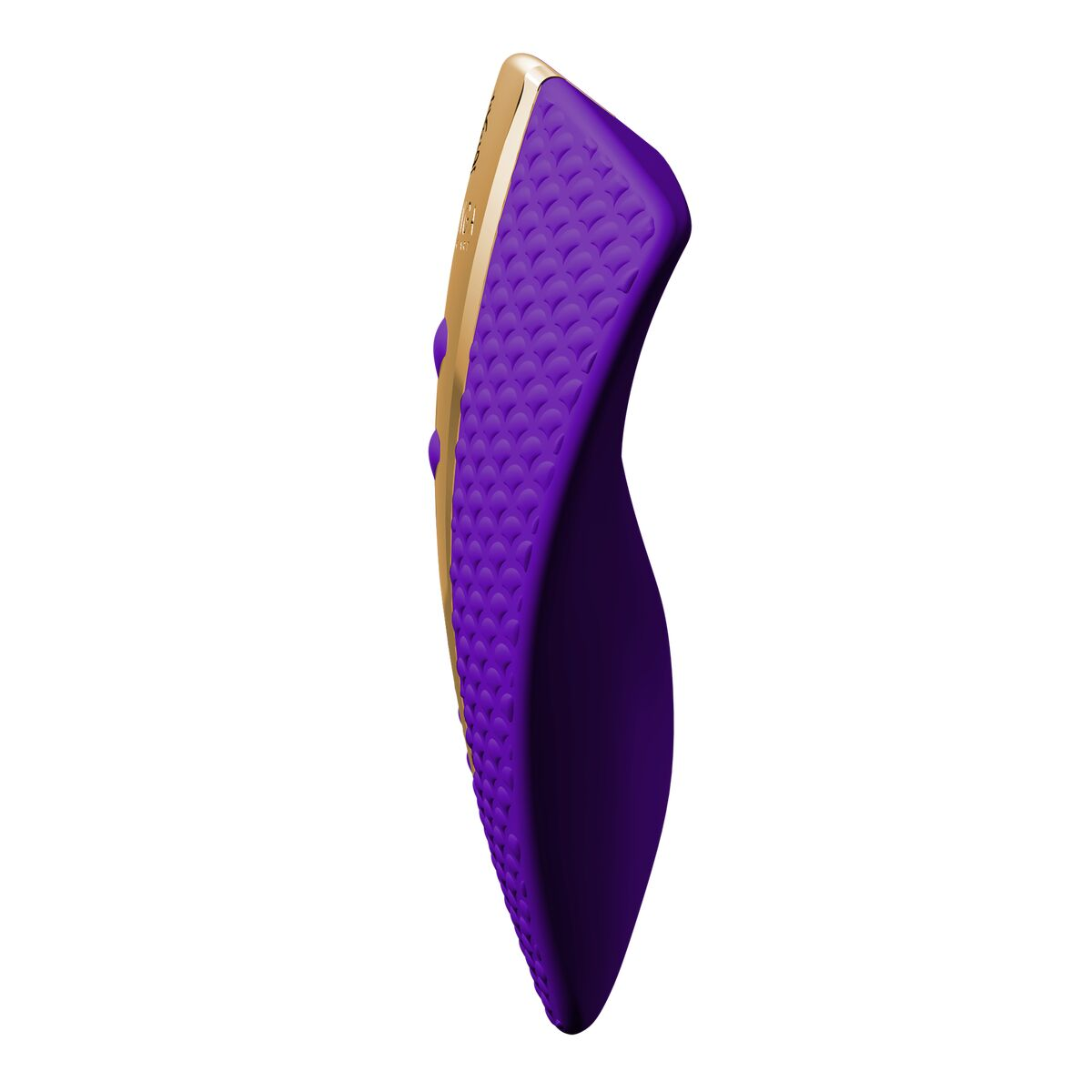 Un juguete sexual morado con detalles dorados, diseño curvo y superficie texturizada.