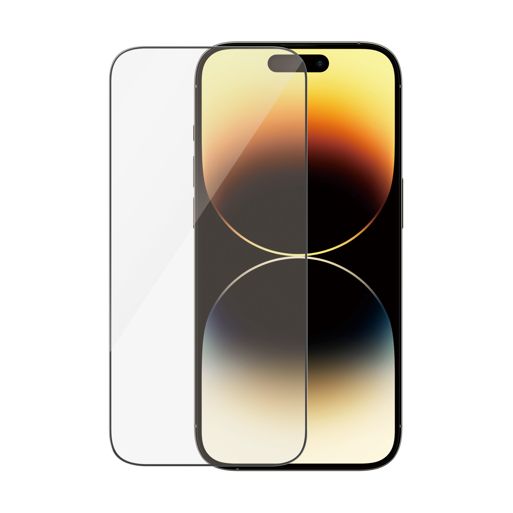 Ein Smartphone, der Bildschirm mit einer Displayschutzfolie bedeckt. Das Telefon ist schwarz mit goldenen Akzenten.