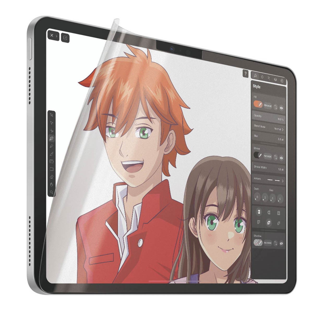 Tabletscherm met een cartoon. Er zit een beschermer op het scherm. Witte achtergrond.