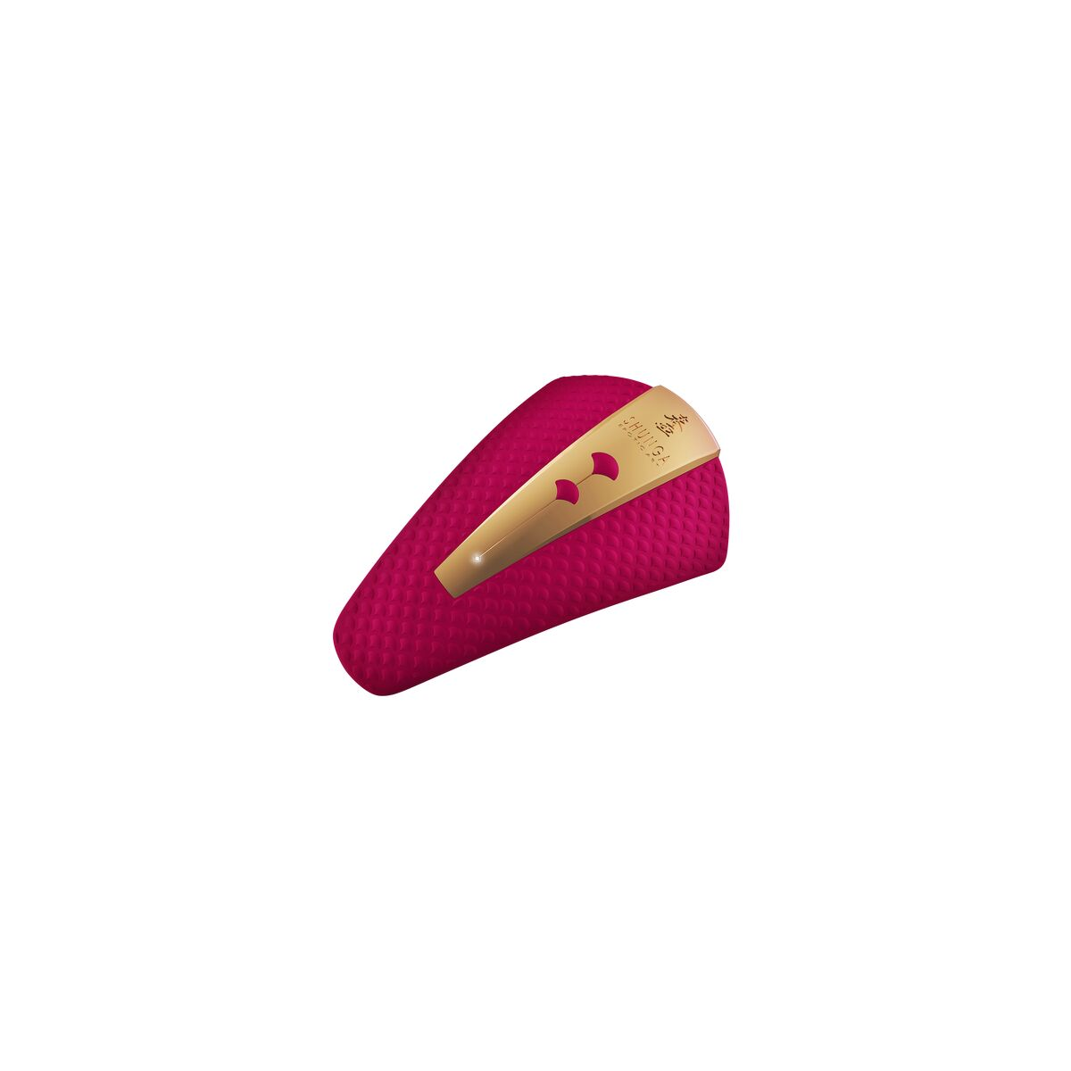 Un producto de belleza rojo con un acento dorado. Está sobre un fondo blanco y tiene un nombre de marca.