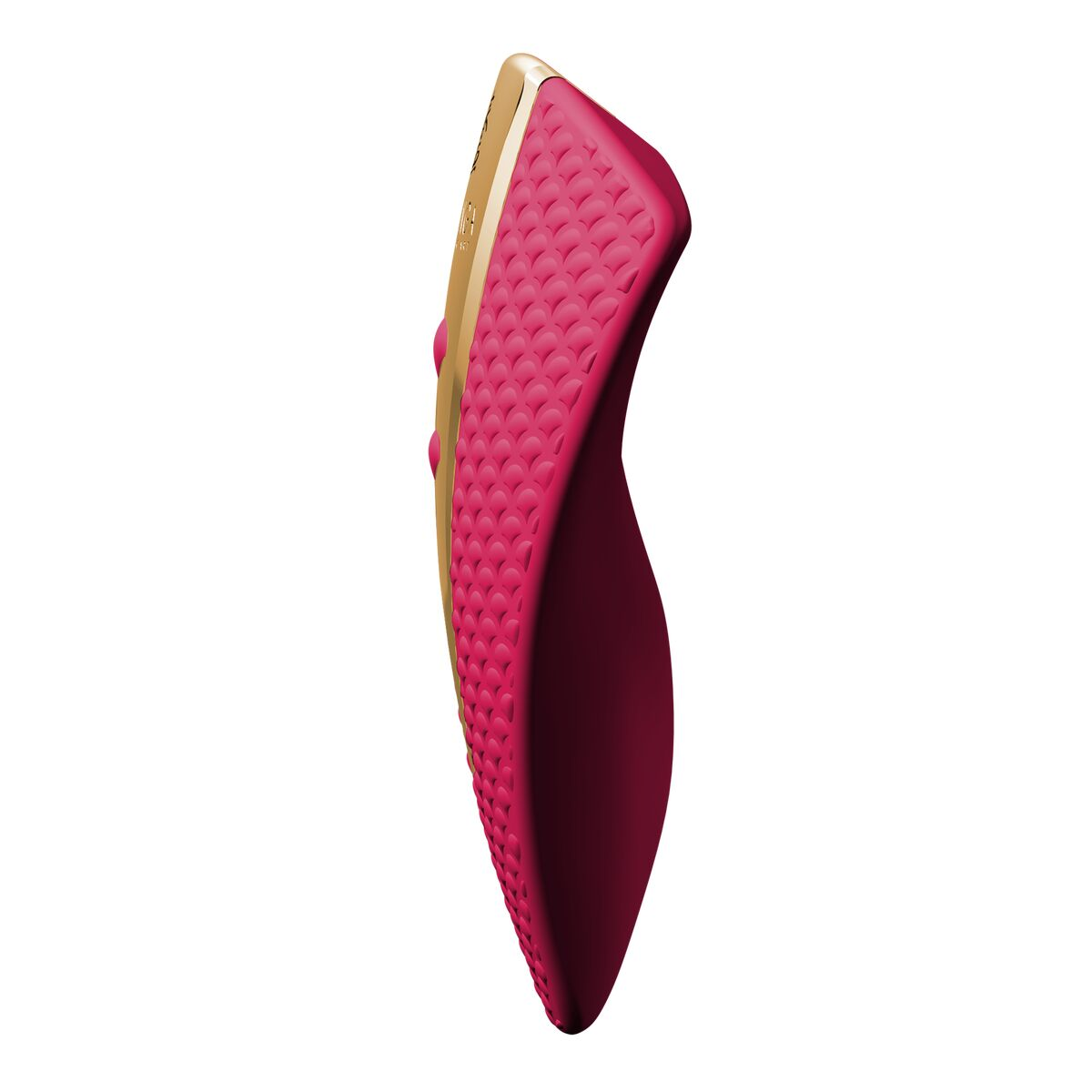 Un vibrador rojo y dorado, con cuerpo texturizado y forma curvada, aislado sobre fondo blanco.