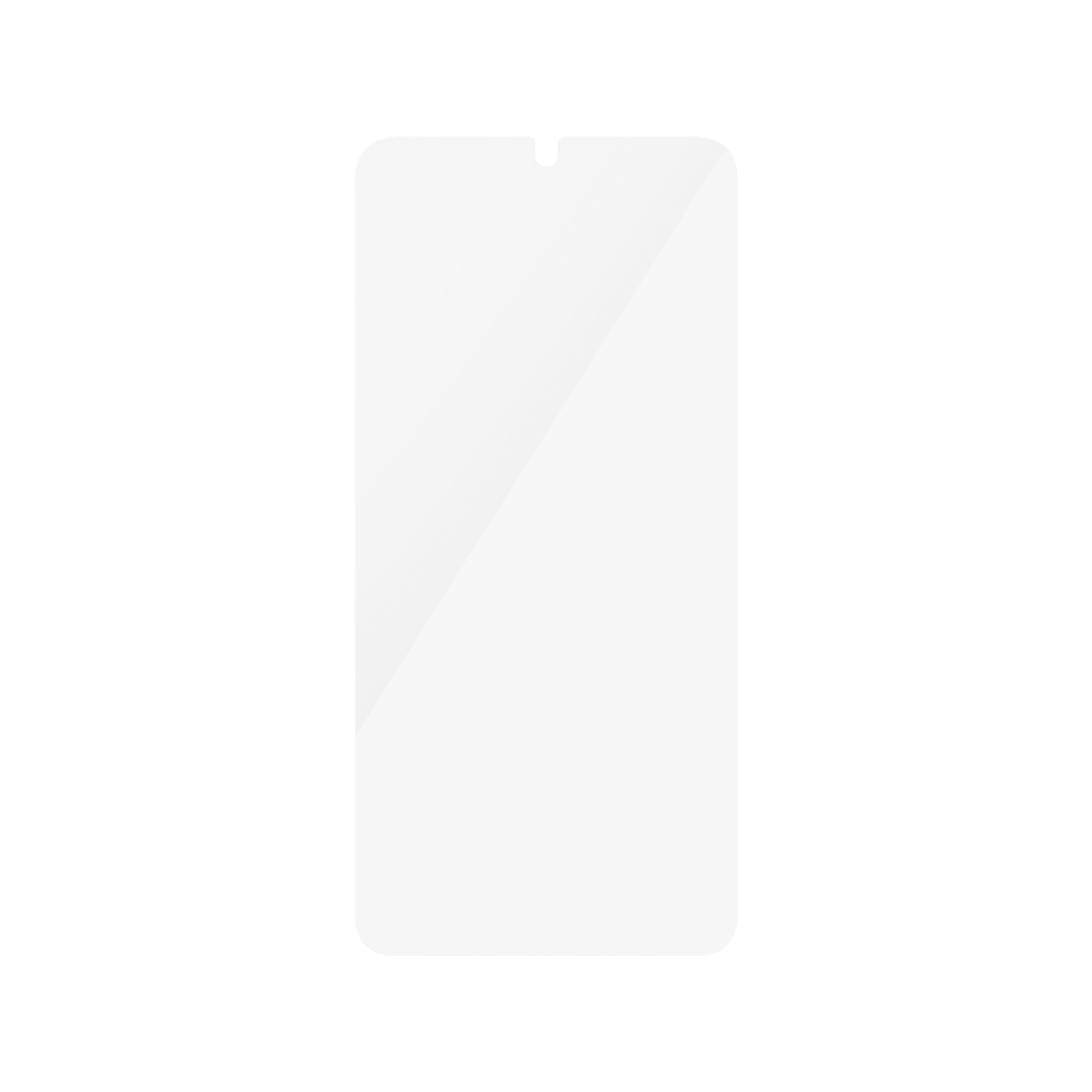 Transparante screenprotector voor telefoon, met uitsparing, op witte achtergrond.