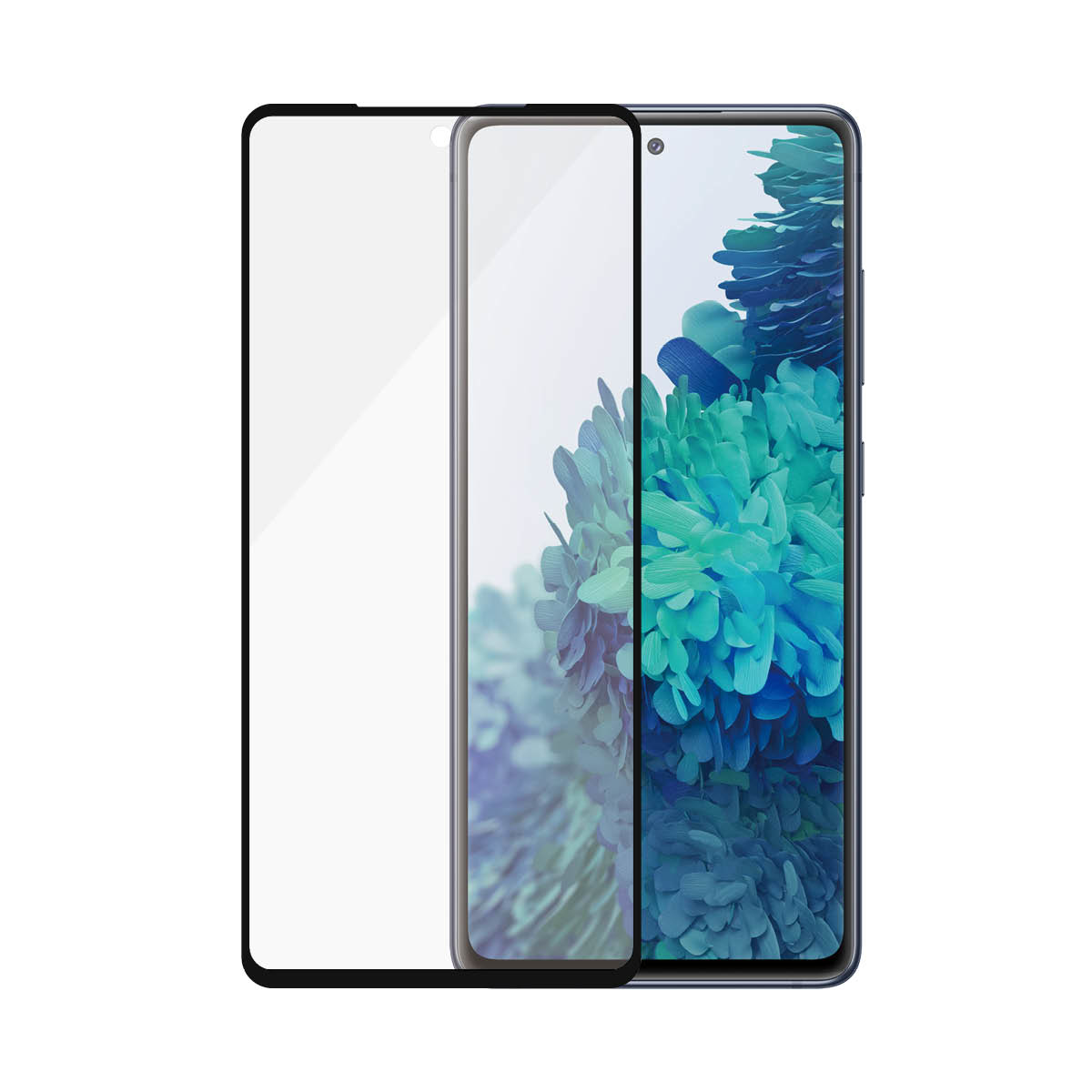 Smartphone con protezione schermo. Mostra un'immagine astratta blu e bianca.