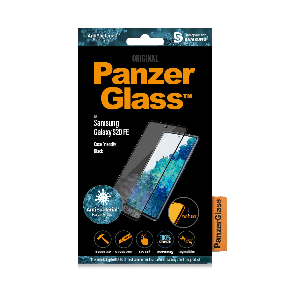 Confezione del proteggi schermo PanzerGlass. Mostra il prodotto con un'immagine del telefono.