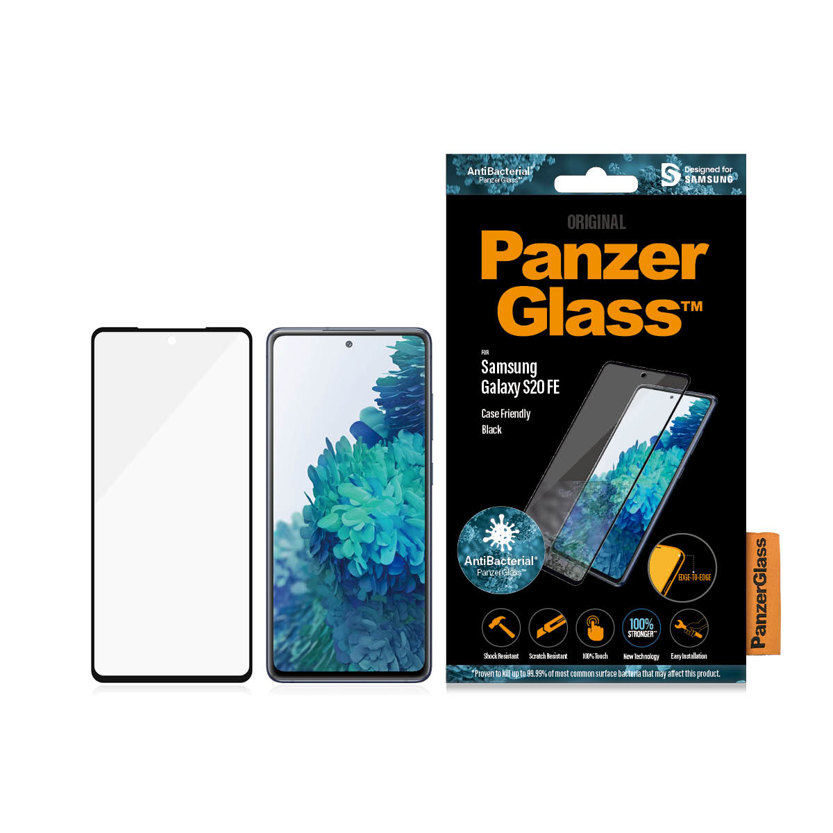 Un telefono e una scatola di protezione dello schermo. La scatola ha un'immagine del telefono e il logo PanzerGlass.