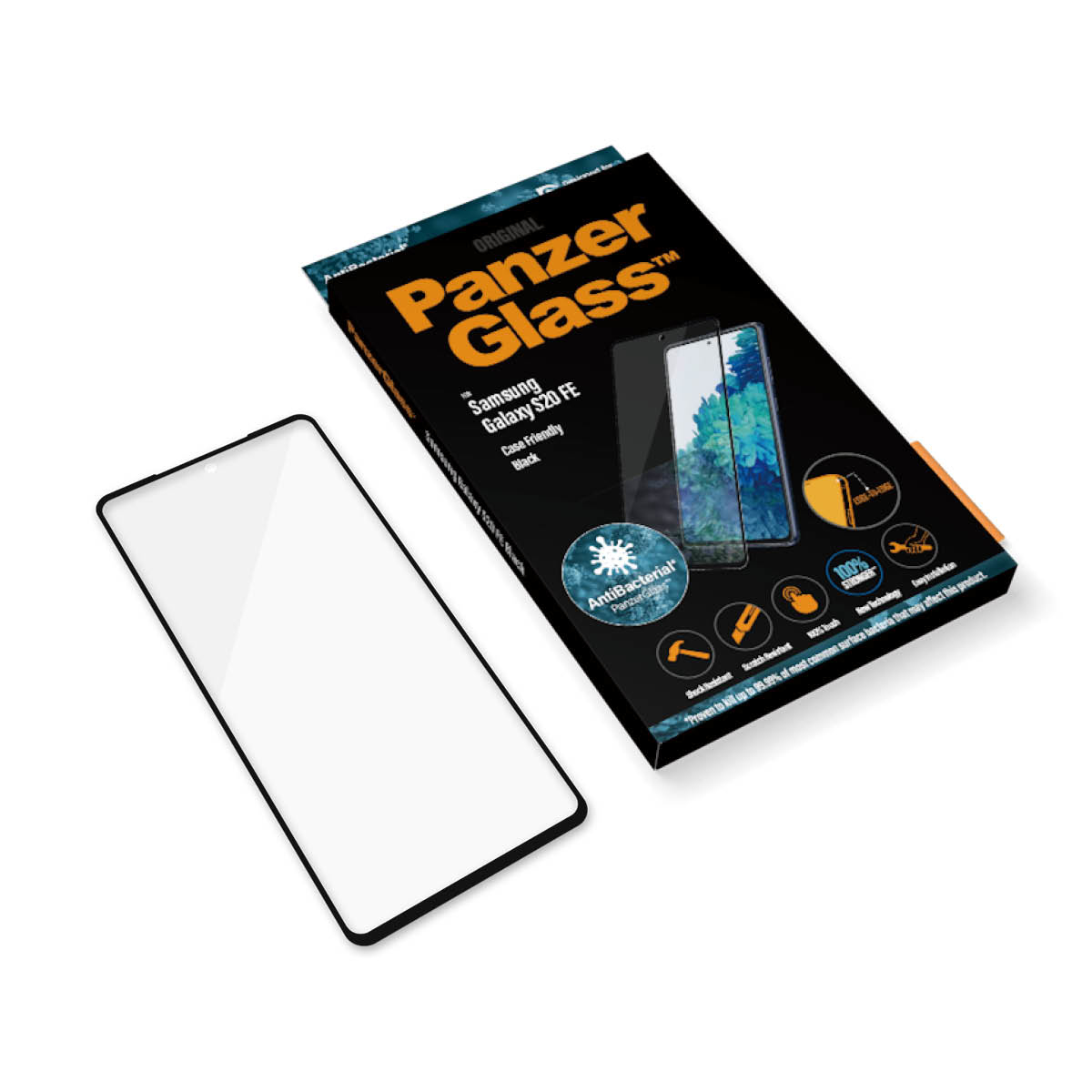 Scatola con protezione schermo 'Panzer Glass' per Samsung Galaxy S20 FE. Protezione accanto alla scatola.