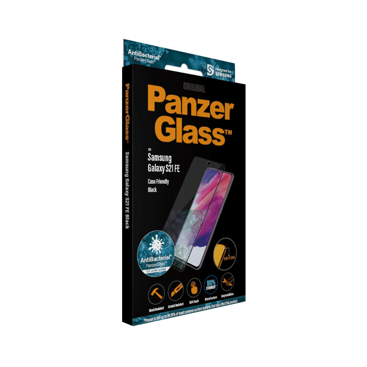Une boîte de produit du protecteur d'écran PanzerGlass noir pour Samsung Galaxy S21 FE.