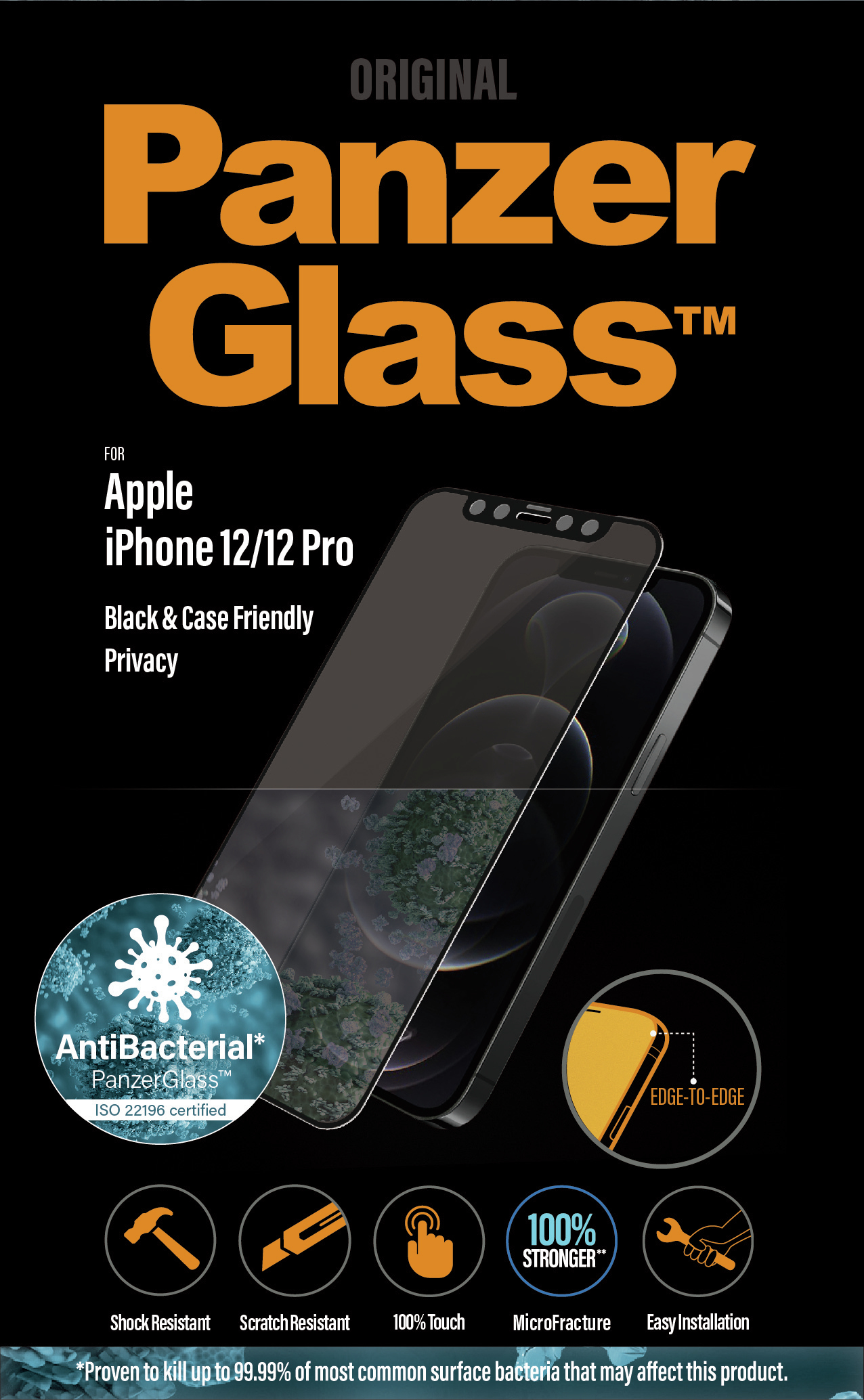 Emballage de protection d'écran noir, avec téléphone et protecteur visibles.