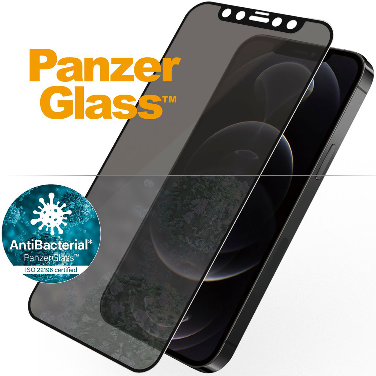 Téléphone avec protecteur d'écran sombre. Le nom du produit est PanzerGlass. Logo antibactérien.