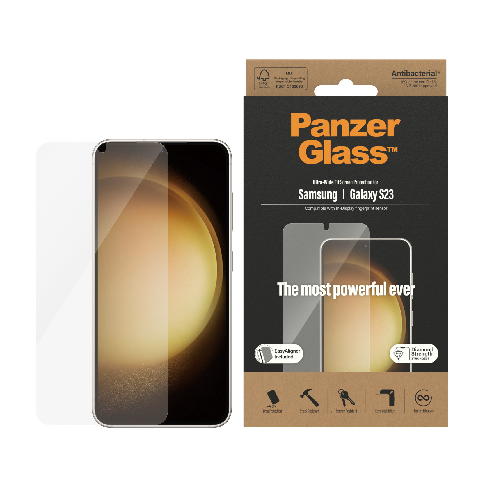 PanzerGlass schermbeschermer verpakking. Toont productdetails en een telefoonafbeelding.