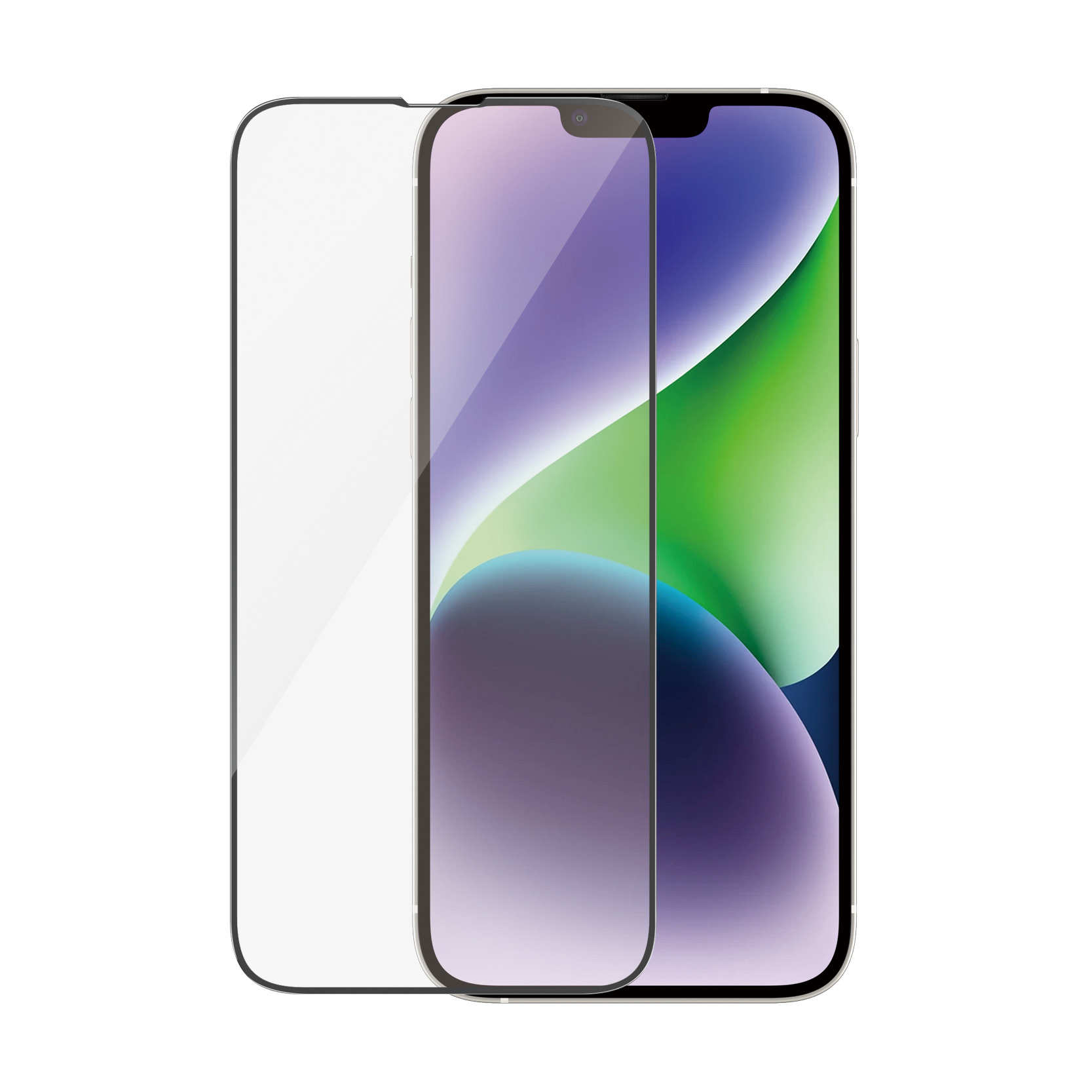 Un protecteur d'écran pour un téléphone. Il est transparent, avec des bords incurvés, et placé sur un téléphone. Le téléphone est blanc.