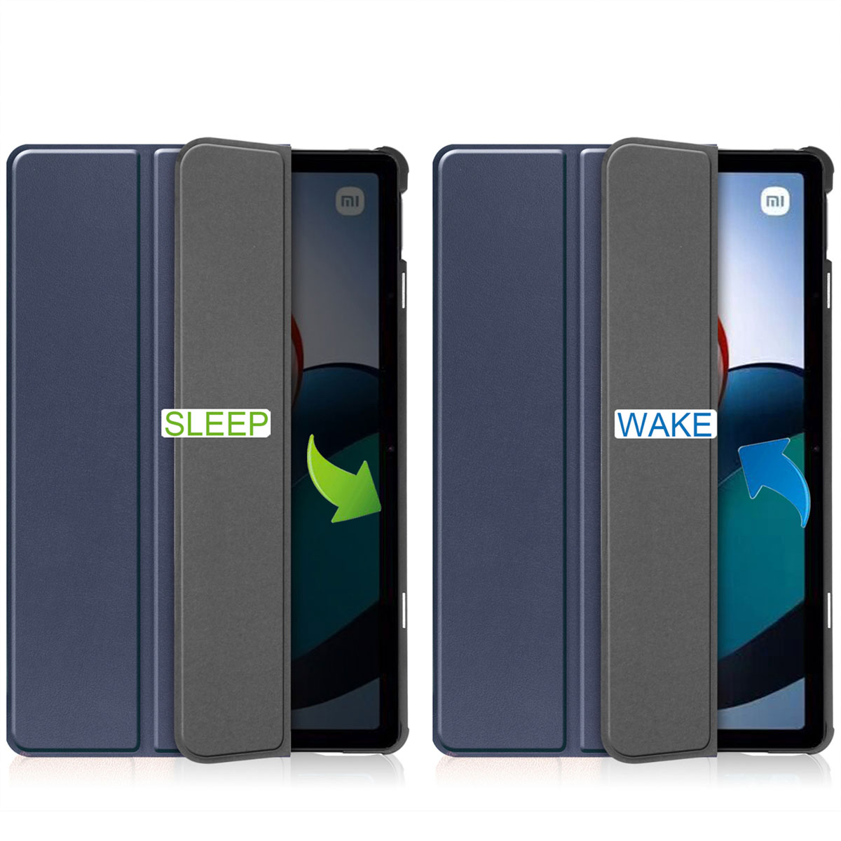 Two tablet covers. One says 'SLEEP' and the other 'WAKE' with arrows.