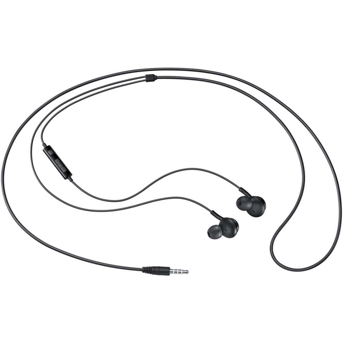 Schwarze Kopfhörer mit eingebautem Mikrofon und Standard-Audioanschluss, das Kabel ist verdreht.