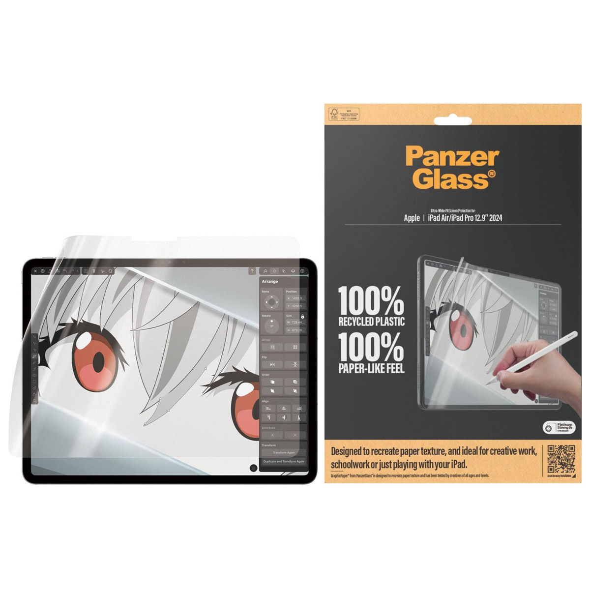 iPad con protezione schermo, con occhi anime. Confezione mostra prodotto e sensazione simile alla carta.