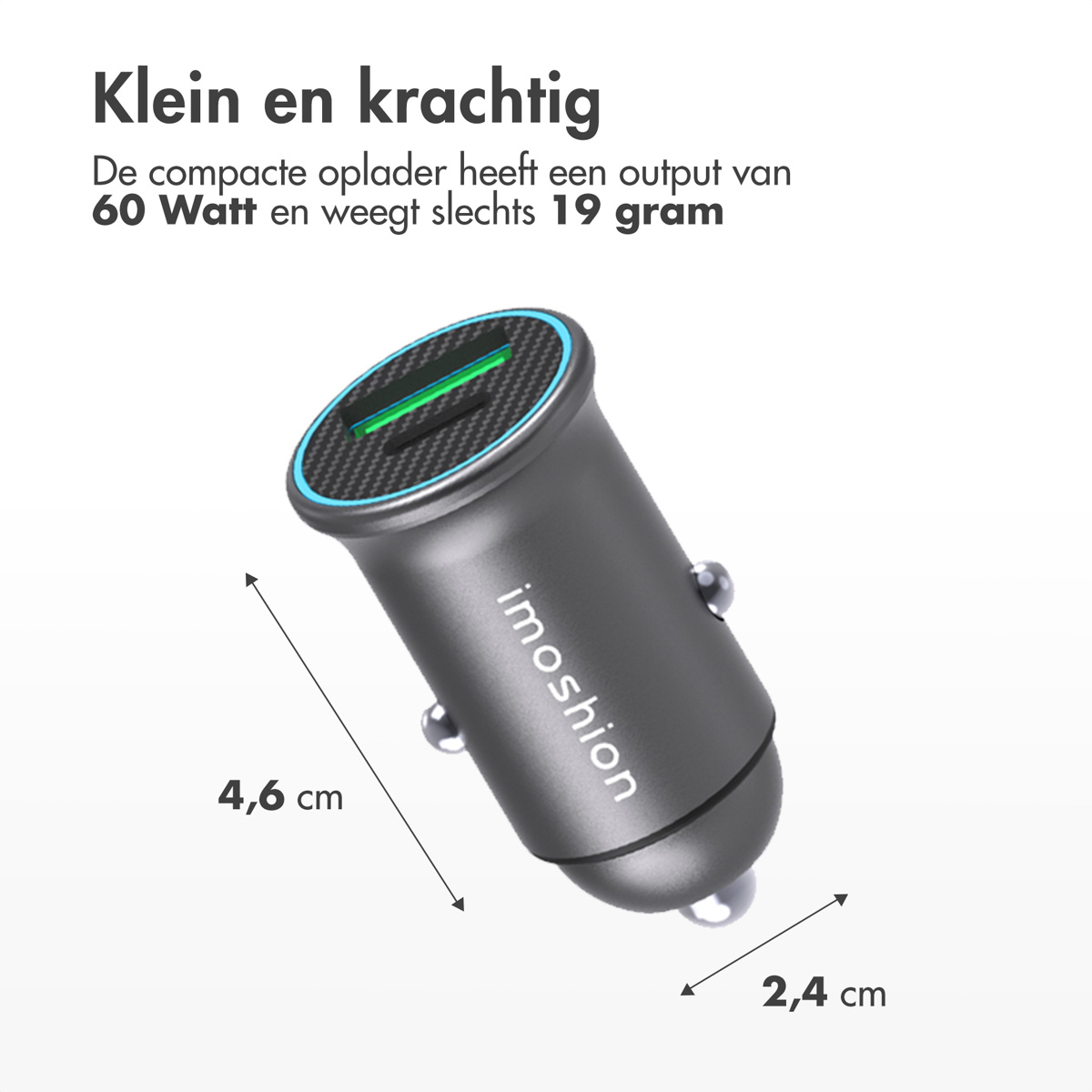 Graues Autoladegerät mit Maßen und Text: 'Klein en krachtig'.