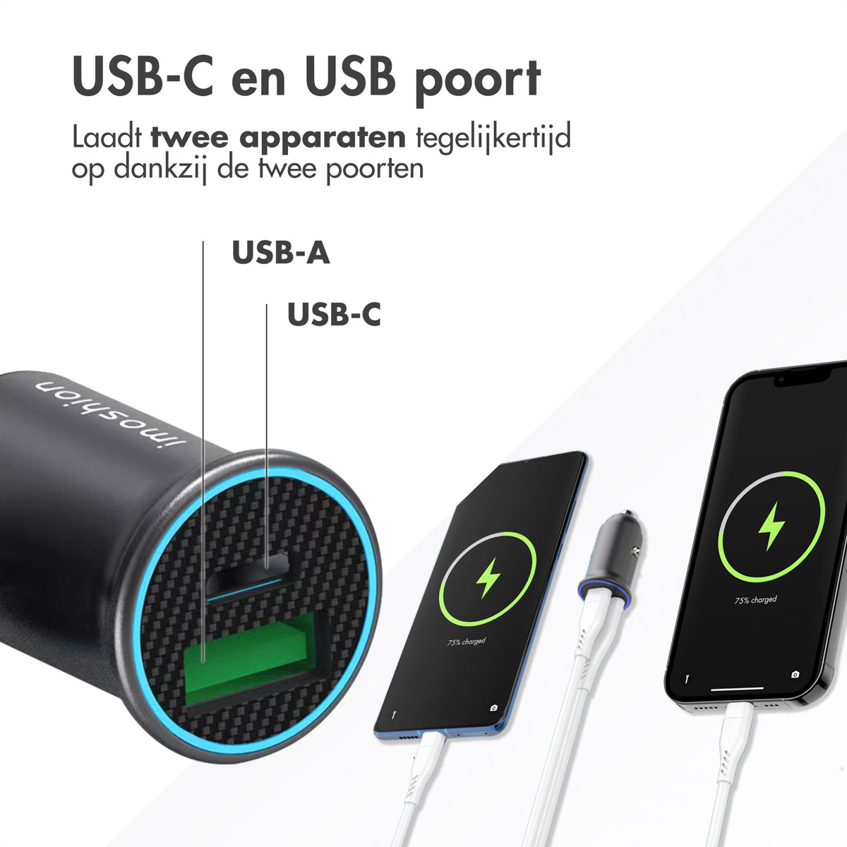 Ein Autoladegerät mit USB-C- und USB-A-Anschlüssen. Zwei Telefone laden mit Blitzen auf dem Bildschirm.