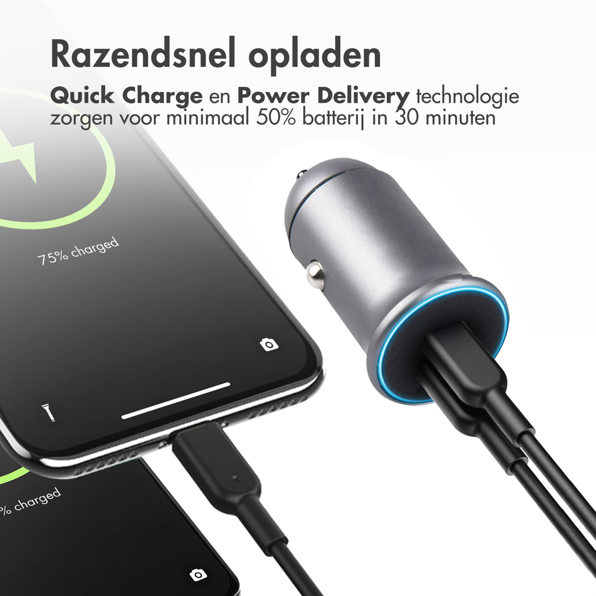 Ein Telefon, das mit einem Autoladegerät geladen wird und den Ladevorgang zeigt.