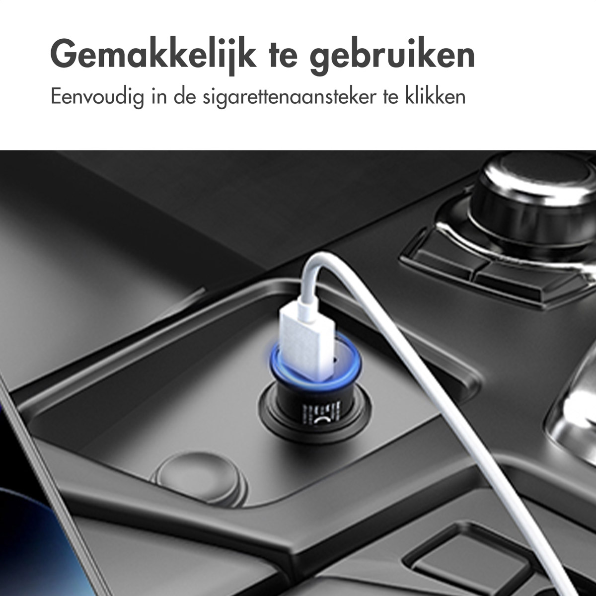 Autoladegerät mit weißem Kabel, verbunden mit einem Telefon.